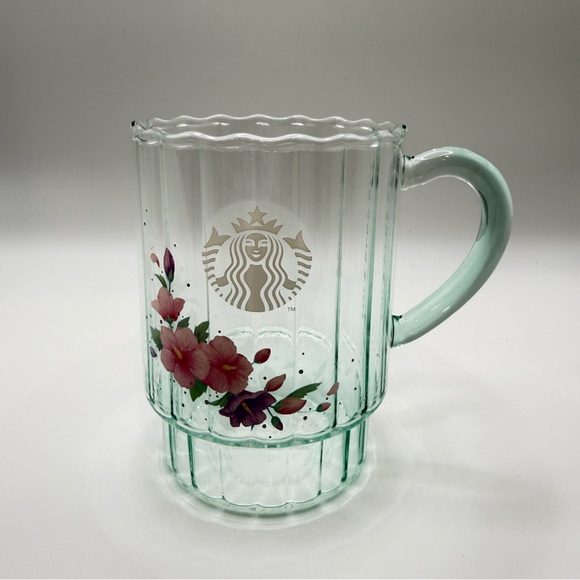 New Starbucks Korea Hibiscus Flower Mint Green Glass Coffee Mug Rose Of Sharon - Picture 2 of 11